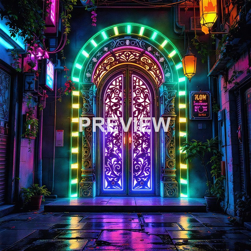 A brightly lit, neon-colored ornate door with intricate metalwork, surrounded by vibrant neon lights and decorative elements in an urban setting at night.
